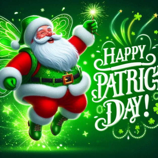 Санта-Клаус в зеленом костюме с искрами, созданными искусственным интеллектом.