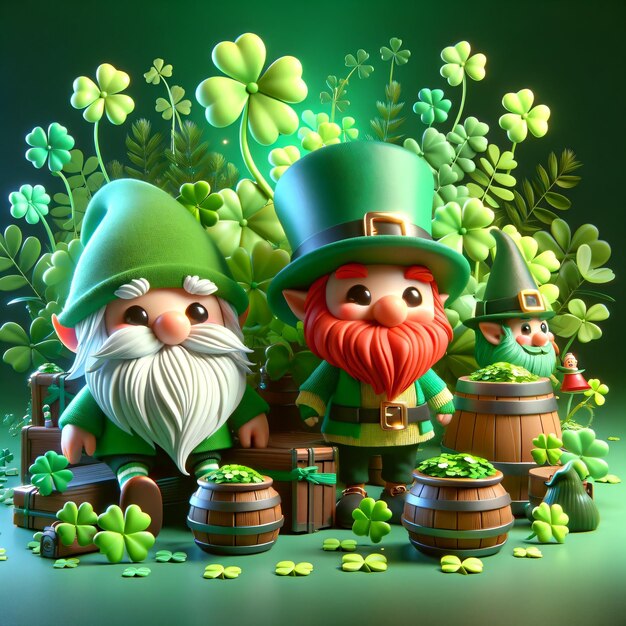 St Patricks Day scene with cute gnomes in green background with clovers