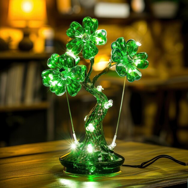 St patricks day shaped lucky clover leaf lamp decorated with beads on the table lamp