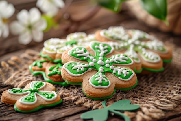 St Patricks Day themed cookies with shamrock designs