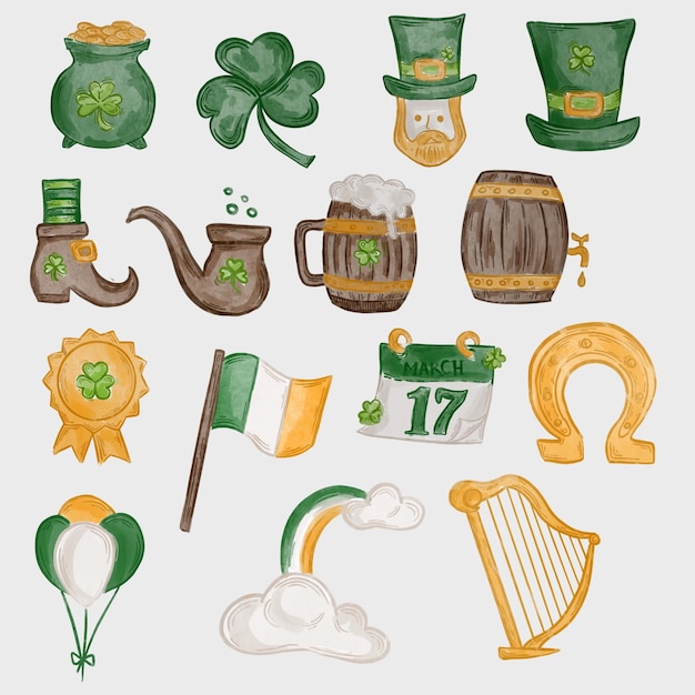 st patricks day watercolor design elements set