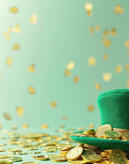 Зелёная шляпа Святого Патрика и золотые монеты, падающие на светло-зеленый фон