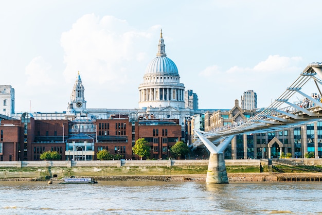 St Pauls Cathedral en de Millennium Bridge bij zonsondergang landschap