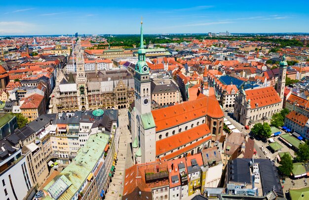 St peter church at marienplatz aerial panoramic view marienplatz or st mary square is a central square in the city centre of munich germany
