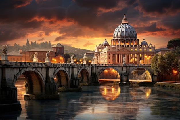 サン・ピエトロ大聖堂と日没時のサン・ピエトロ橋 イタリア ローマ バチカン市国 イタリア ローマのサン・ピエトロ大聖堂 AI で生成
