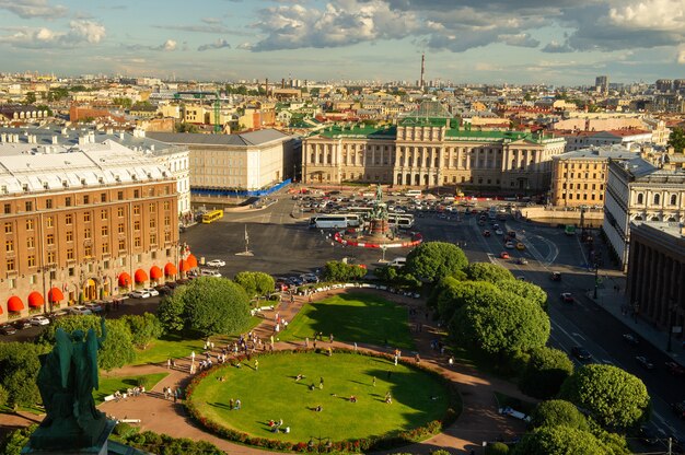 The St Petersburg arial panorama with old historical streets and buildings is visible from the top of St Isaac's Cathedral Saint-Petersburg,