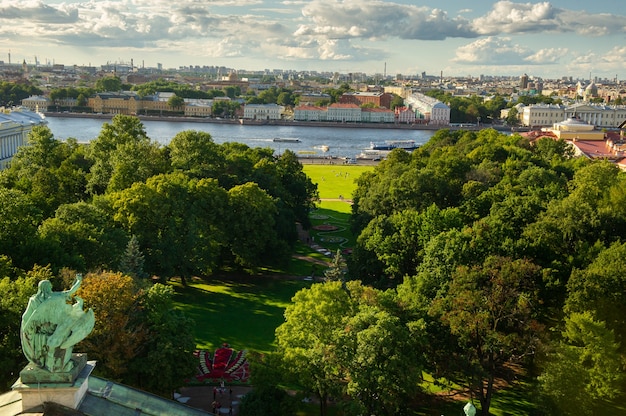 The St Petersburg arial panorama with old historical streets and a park is visible from the top of St Petersburg St Isaac's Cathedral Saint-Petersburg,