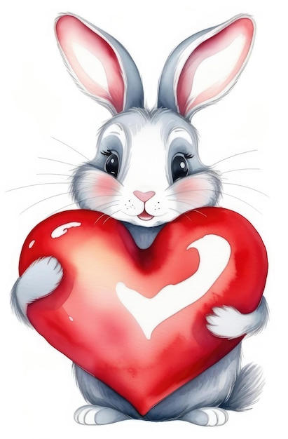 St Valentijnsdag aquarel illustratie schattig konijntje met groot rood hart op witte achtergrond