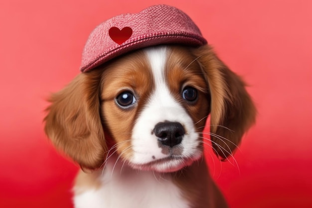 St. Valentine's Day concept Grappig portret schattig puppy hond met rood hart AI gegenereerd