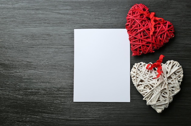 St Valentines card and decor on wooden background