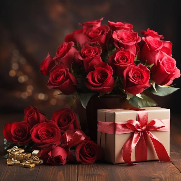 St Valentines Day concept Fresh red roses and gift box on wooden table