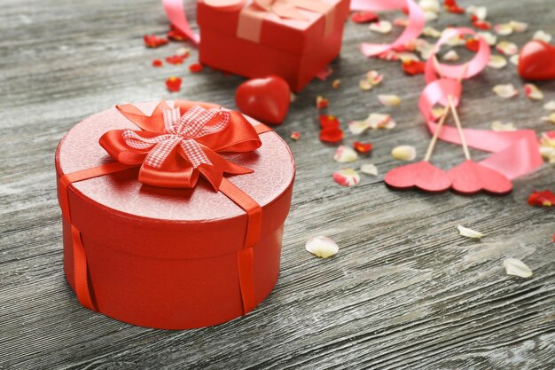 St valentines day concept gift boxes and decorations on wooden table