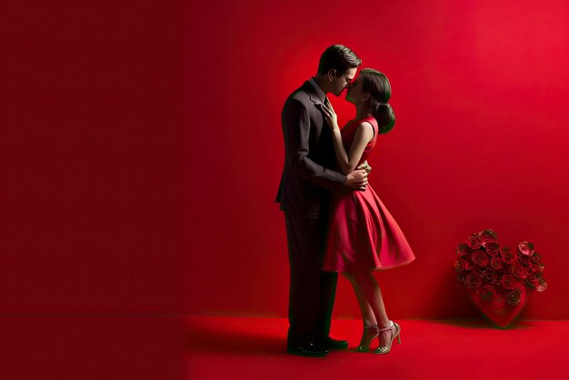 St valentines day concept loving couple on red background free space for editing