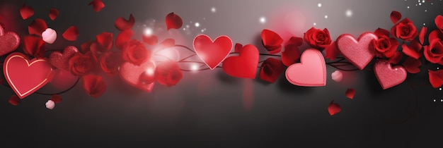 Свадебный баннер на День Святого Валентина с абстрактными иллюстрированными красными розовыми летающими сердцами, розами на темной спине