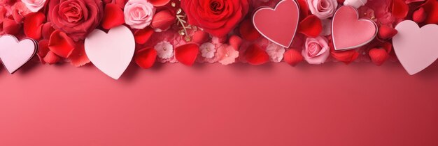 Photo st valentines day wedding banner with abstract illustrated red pink flying hearts roses on pink back