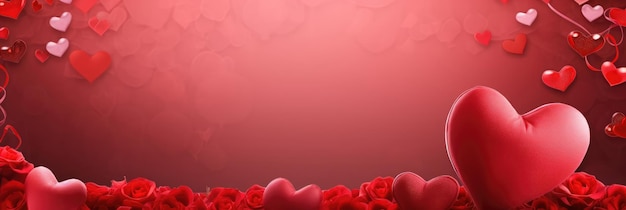 Свадебный баннер на День Святого Валентина с абстрактными иллюстрированными красными розовыми летающими сердцами, розами на красной спине