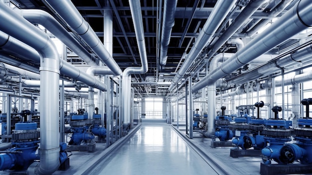 Staalwaterleidingsconstructie met circulatiepompen en kleppen in industriële gebouwen