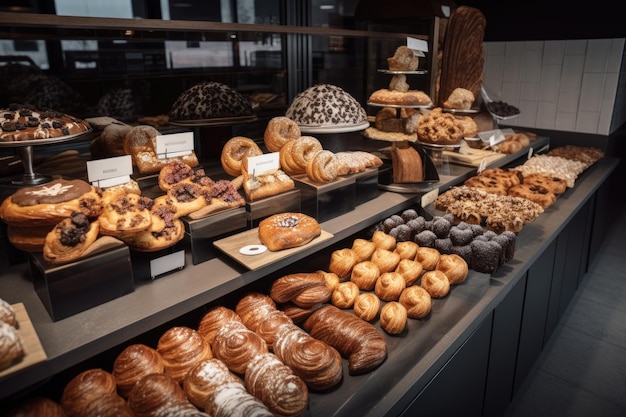 Staan met een verscheidenheid aan gebakjes, waaronder croissants, donuts en meer gemaakt met generatieve AI