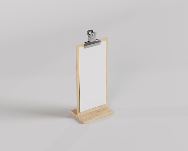 Staande houten klembord mockup, menubord, 3d render, 3D-rendering