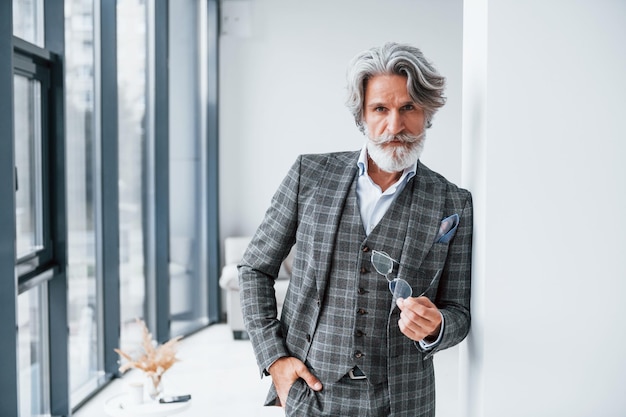 Staande in de kamer Senior stijlvolle moderne man met grijs haar en baard binnenshuis