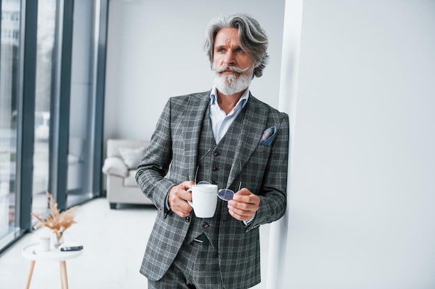 Staande in de kamer Senior stijlvolle moderne man met grijs haar en baard binnenshuis