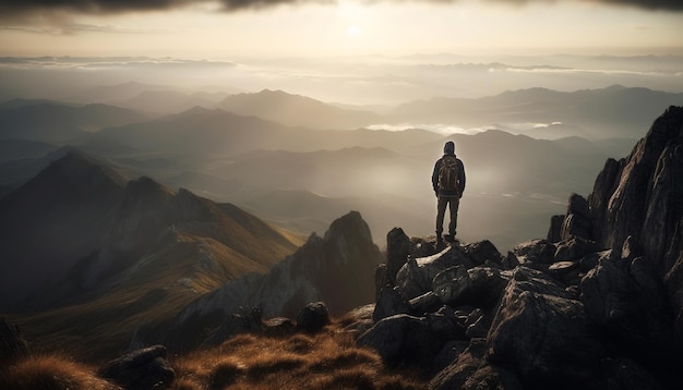 Staande op de bergtop één persoon succes gegenereerd door AI