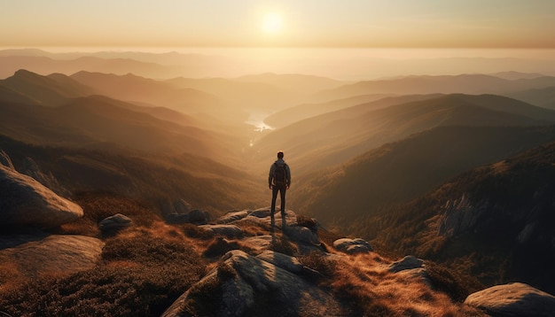 Staande op een bergtoprugzak en allemaal gegenereerd door AI