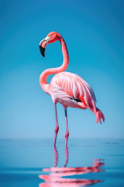 Staande roze flamingo close-up op turkoois blauwe lucht en water achtergrond zijaanzicht
