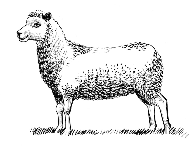 Foto staande schapen. inkt zwart-wit tekening