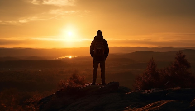 Staande silhouet op bergtop bij zonsondergang gegenereerd door AI