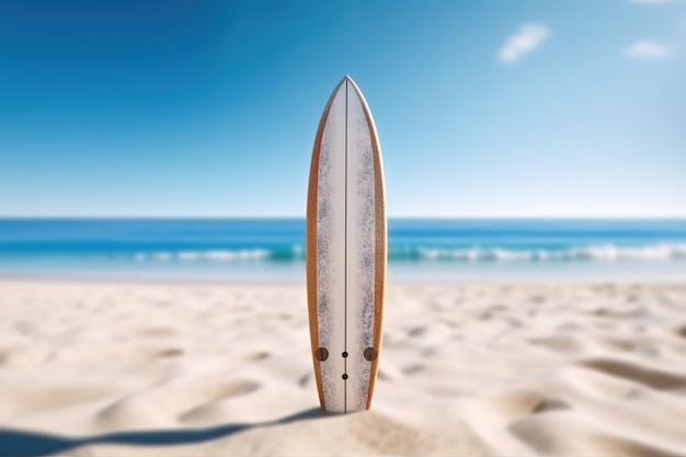 staande surfplank vast in het zand en lag bij de palmboom op het paradijselijke strand in de zonnige d