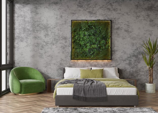 Стабилизированный мох висит на стене в современном интерьере Панно из зеленого мха Красивый квадратный декоративный элемент из стабилизированных растений, травяного мха, папоротника и зеленых листьев 3d-рендеринг