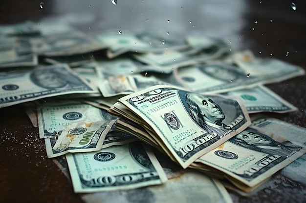 A stack of 100 dollar bills is on a table with water droplets on it.