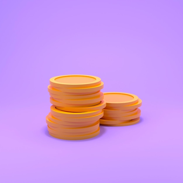 Stack of 3d coins on a purple background. Cashback, money saving, financial transactions concept. 3d render illustration.