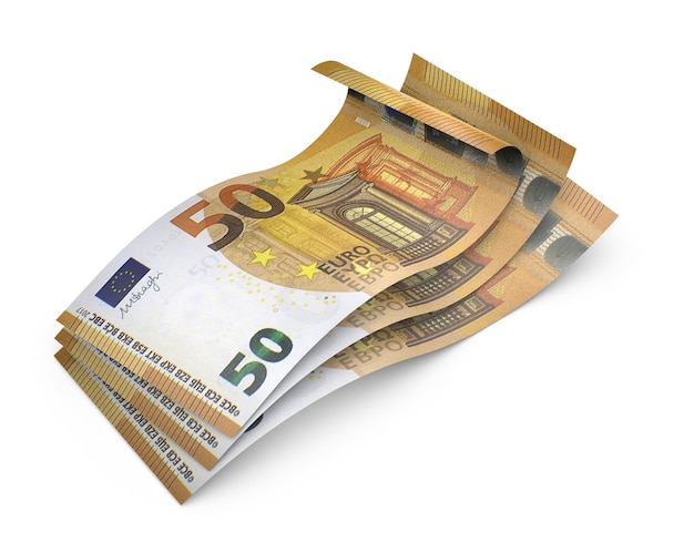 A stack of 50 euro banknotes is shown in a white background.