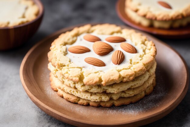 A stack of almond cookies on a plate with almonds on top.