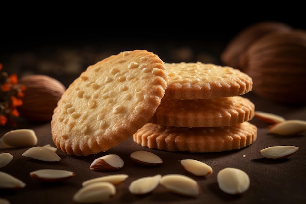 A stack of almond cookies with almonds on a dark background.