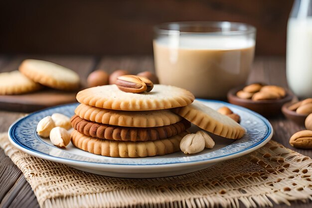 A stack of almond cookies with almonds on a plate