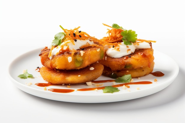 Stack of aloo tikki on plate with a white background