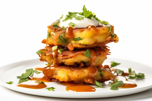 Stack of aloo tikki on plate with a white background