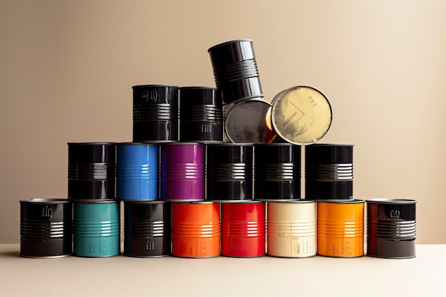 Photo stack of aluminum cans of different colors for food empty blank