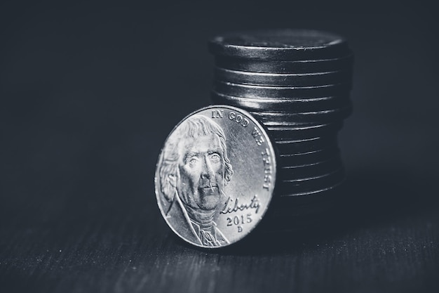 Stack of American coins on the table Money and finance concept