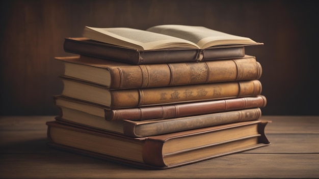 Stack of antique books on old wooden table