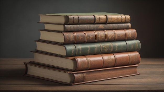 Stack of antique books on old wooden table