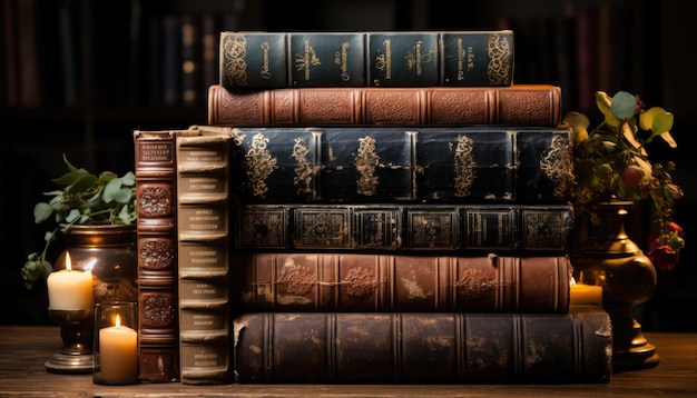 Photo stack of antique leather books