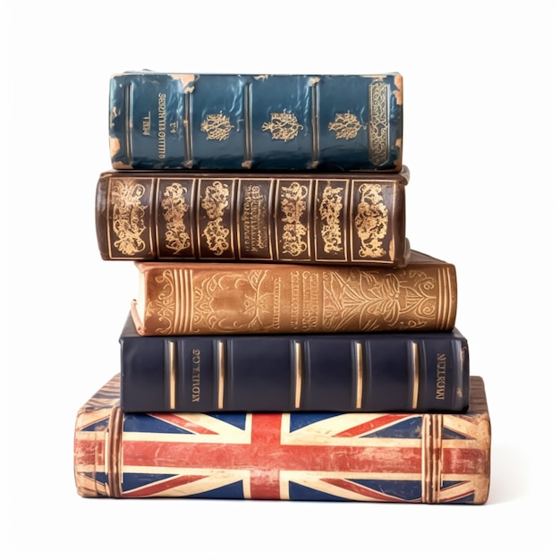 Stack of antique vintage old books isolated on white background reading in old library and education generative ai