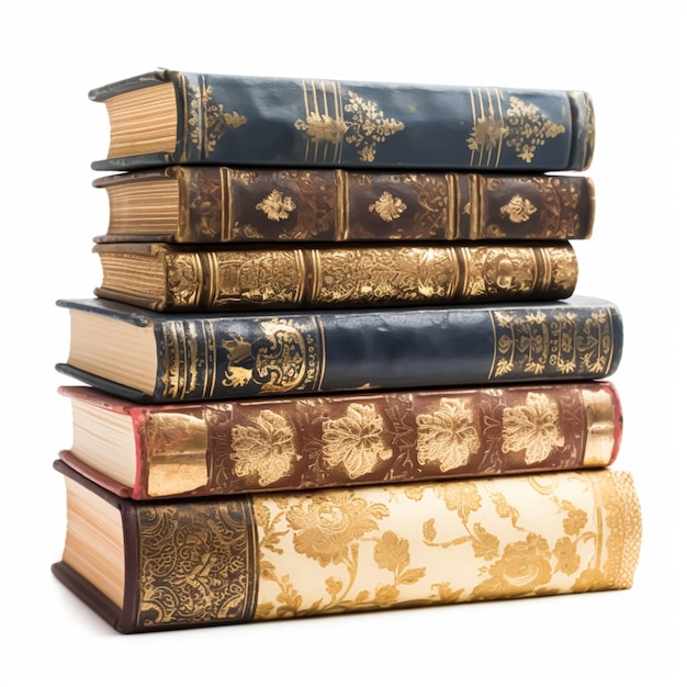 Stack of antique vintage old books isolated on white background reading in old library and education postprocessed generative ai