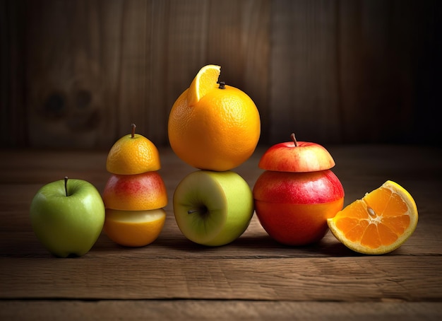 A stack of apples with one being cut in half