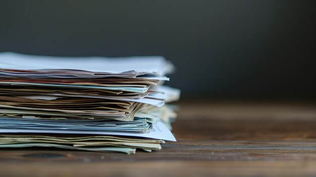 Stack of assorted papers on a wooden table