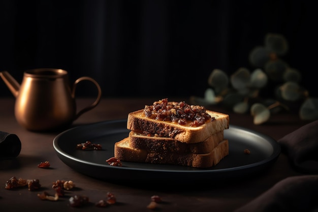 A stack of avocado toasts with bacon on top